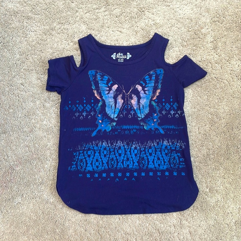 Blue cold shoulder girls tee.